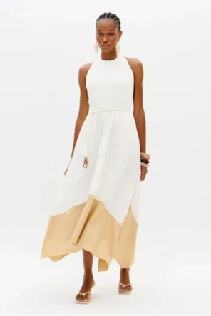 Vestido Super Midi Frente Única Com Linho LANÇA PERFUME 