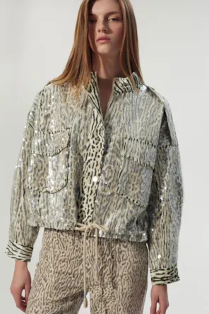 Casaco Bomber de lantejoulas com estampa animal BSB