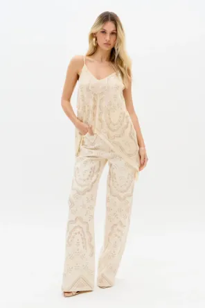 Calça Sarja Wide Leg Cintura Super Alta Com Aplicações LANÇA PERFUME 