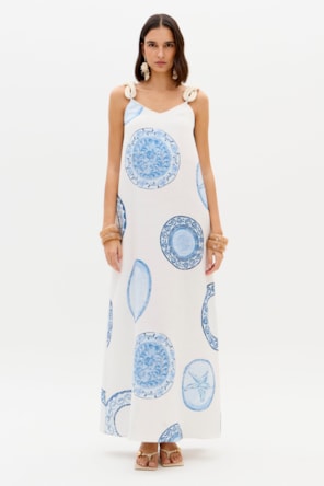 Vestido Comprido BLUE BREEZE Branco e Azul - Lança Perfume
