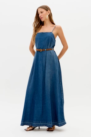 Vestido Comprido com Cinto em Ganga - Lança Perfume