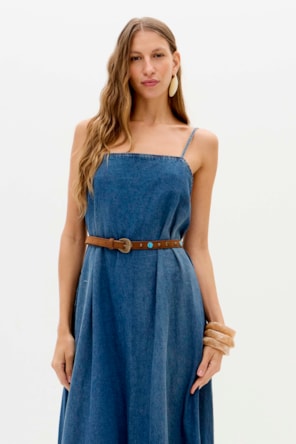 Vestido Comprido com Cinto em Ganga - Lança Perfume