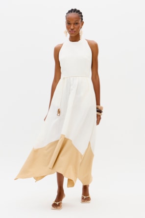 Vestido Comprido Branco e Bege - Lança Perfume