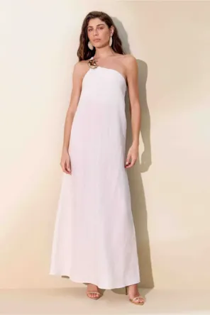 Vestido Super Midi Ombro Único Com Linho LANÇA PERFUME 