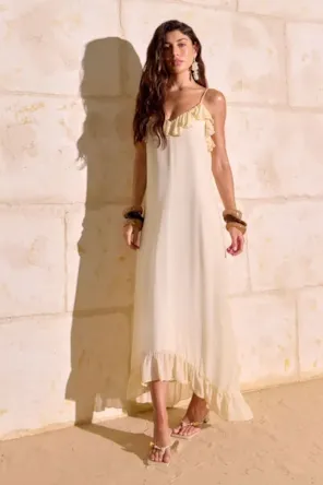 Vestido Super Midi De Alças Com Babados LANÇA PERFUME 