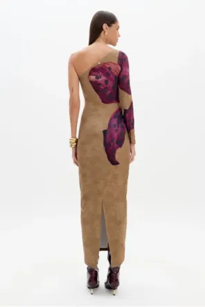 Vestido Super Midi Estampado Ombro Único