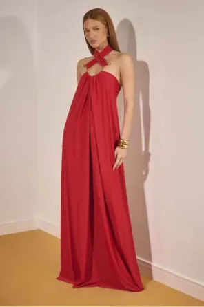 Vestido Longo Frente Única Com Metais LANÇA PERFUME 