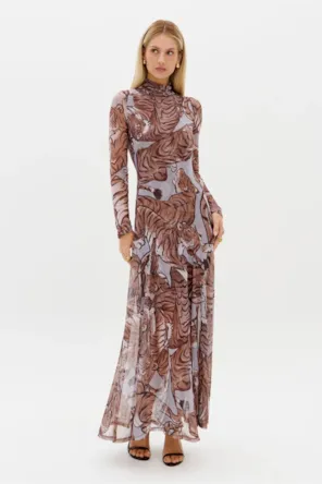 Vestido Manga Longa Tule Estampado LANÇA PERFUME