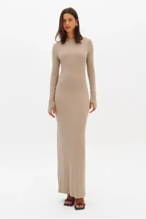 Vestido Super Midi Canelado Manga Longa LANÇA PERFUME 