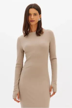 Vestido Super Midi Canelado Manga Longa LANÇA PERFUME 
