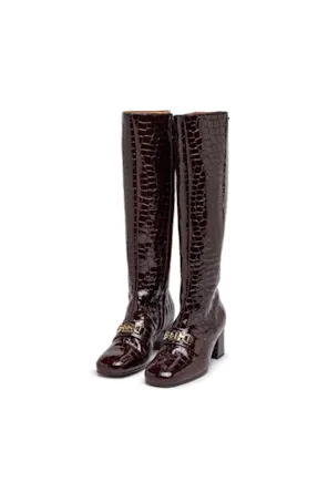 Botas de cano alto em pele castanha com efeito crocodilo BAMBURI