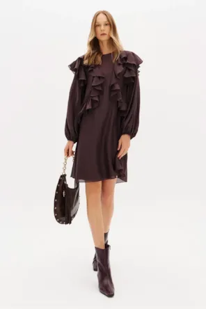 Vestido Curto Manga Longa Com Babados LANÇA PERFUME 