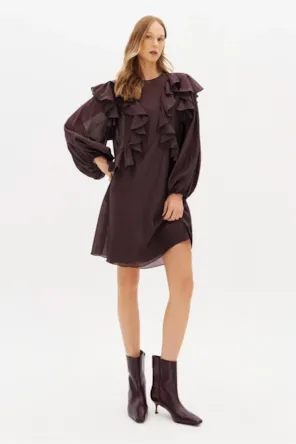 Vestido Curto Manga Longa Com Babados LANÇA PERFUME 