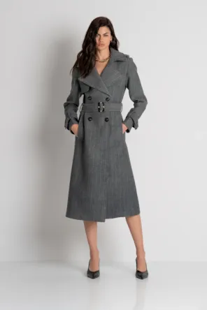 Casaco Trench coat de corte regular em tecido risca de giz com lã. FRACOMINA 