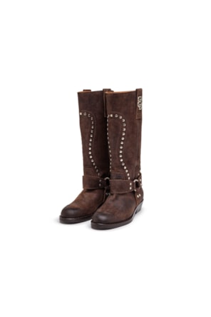 Botas biker de cano alto em pele preta rústica com tachas BAMBURI 