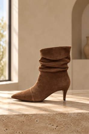 Botim Slouchy Timeless Salto Fino Couro Suede Bege Almond CARRANO 