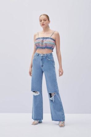 Top Jeans de Alças Bordado