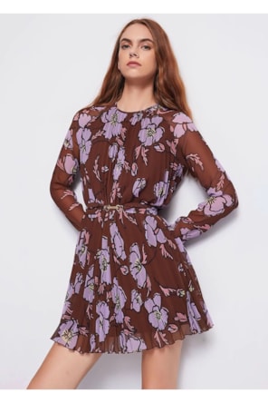 Vestido Curto Flores Plissado 