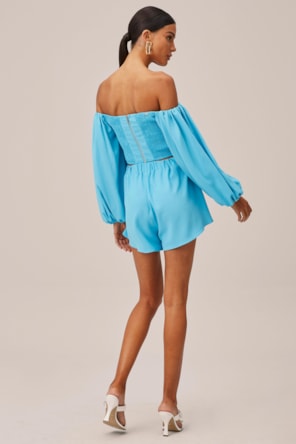 Top Cropped Ombro A Ombro Bordada Azul 