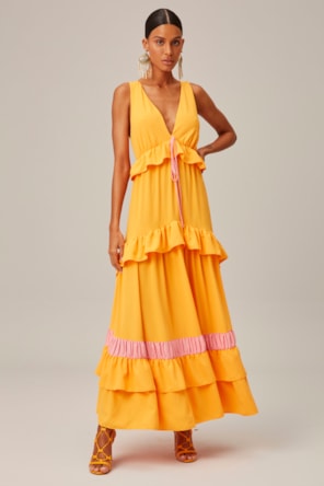 Vestido Longo Decote V Amarelo
