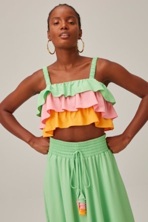   Top  Cropped Com Babados Rosa