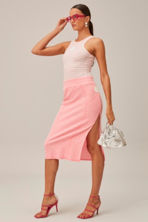 Saia Midi com Fenda Cintura Alta Rosa 