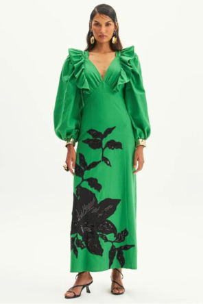 VESTIDO LONGO COM BORDADO VERDE