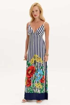 VESTIDO MIDI LISTRADO FLORES