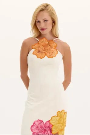 VESTIDO SUPER MIDI FENDA FLOR