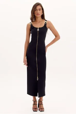 VESTIDO MIDI ZÍPER E FIVELAS