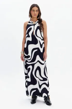 VESTIDO ESTAMPA PRETA E BRANCO LANÇA PERFUME 