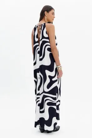 VESTIDO ESTAMPA PRETA E BRANCO LANÇA PERFUME 